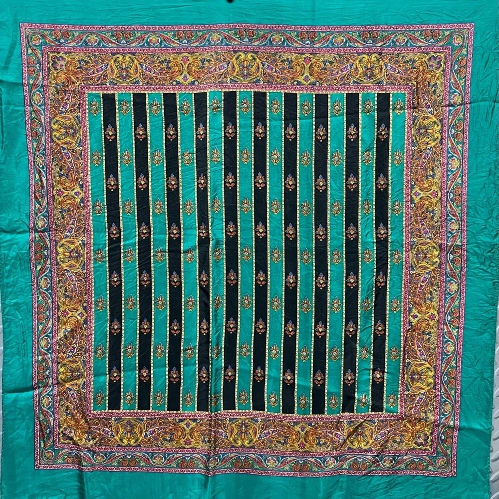 Vintage Green Blue Gold Pink Black Paisley Silk Scarf